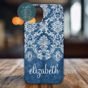 Moody Sapphire Blue Vintag Damask Muster Name iPhone 15 Pro Hülle