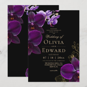 Moody Schwarze Lila Blüten Orchideen Hochzeit Einladung