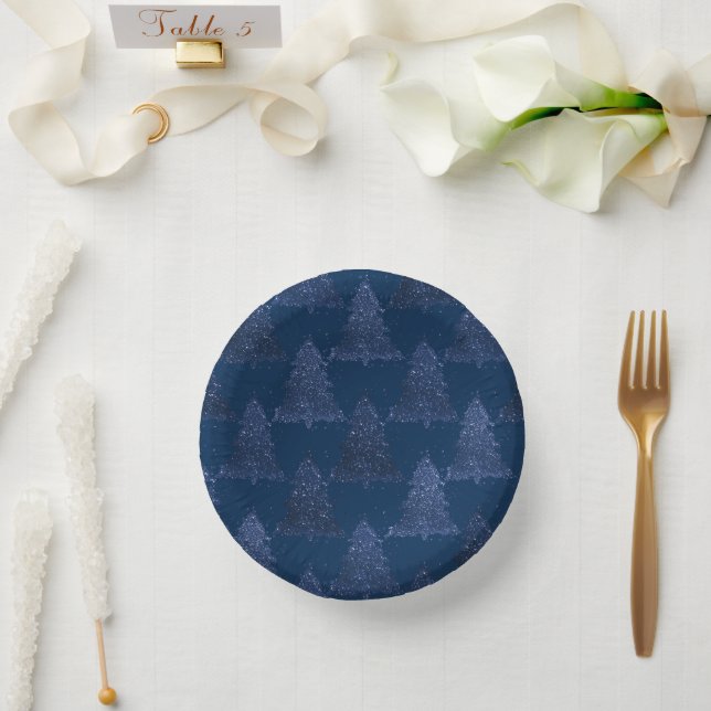 Moody Tree Pattern | Classy Navy Blue Christmas Pappteller (Hochzeit)