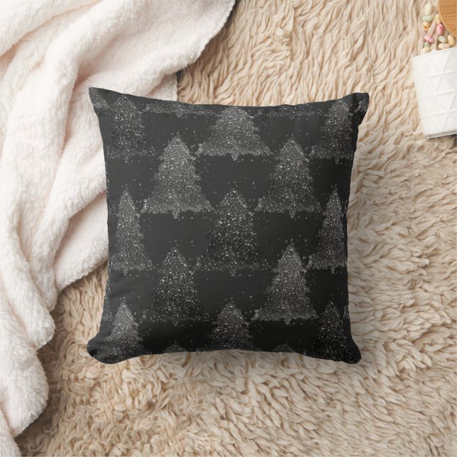 Moody Tree Pattern | Onyx Silvery Black Christmas Kissen (Decke)