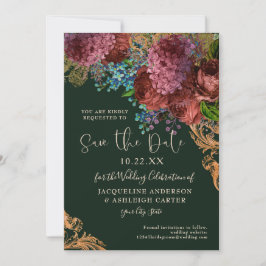 Moody Vintag Burgundy Floral Gold Emerald Foto Save The Date