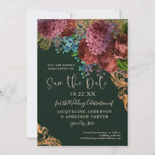 Moody Vintag Burgundy Floral Gold Emerald Foto Save The Date