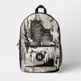 Moody Vintag Owls Black and Ivory Monogram Bedruckter Rucksack