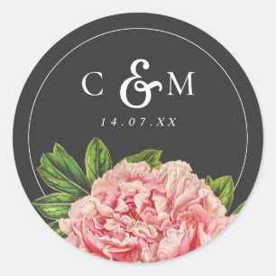 Moody Vintage Rosa Pfingstrosen-Hochzeit Runder Aufkleber