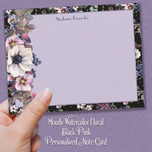 Moody Watercolor Floral Black Pink Personalisiert Mitteilungskarte