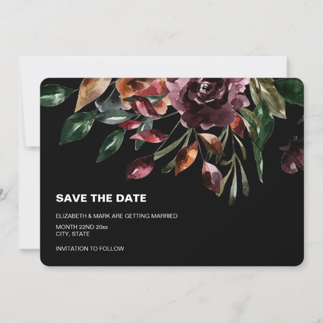 Moody Watercolor Florals Black Save the Date (Vorderseite)
