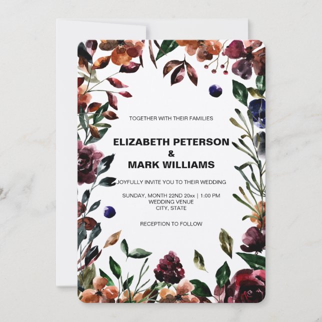 Moody Watercolor Florals Frame Wedding Einladung (Vorderseite)