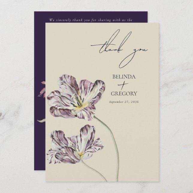 Moody Watercolor Lila Tulips Hochzeit Dankeskarte (Vorne/Hinten)