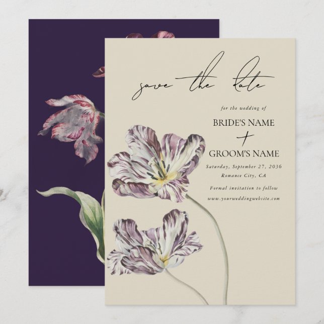 Moody Watercolor Lila Tulips Hochzeit Save The Date (Vorne/Hinten)
