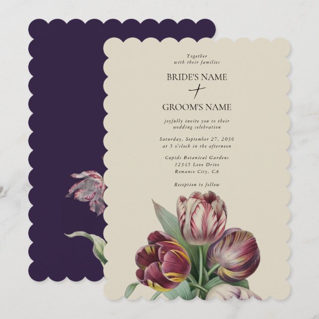 Moody Watercolor Lila Tulips Hochzeit Traditionell Einladung (Vorne/Hinten)