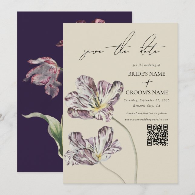 Moody Watercolor Lila Tulips Hochzeitsstiftung QR- Save The Date (Vorne/Hinten)
