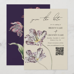 Moody Watercolor Lila Tulips Hochzeitsstiftung QR- Save The Date