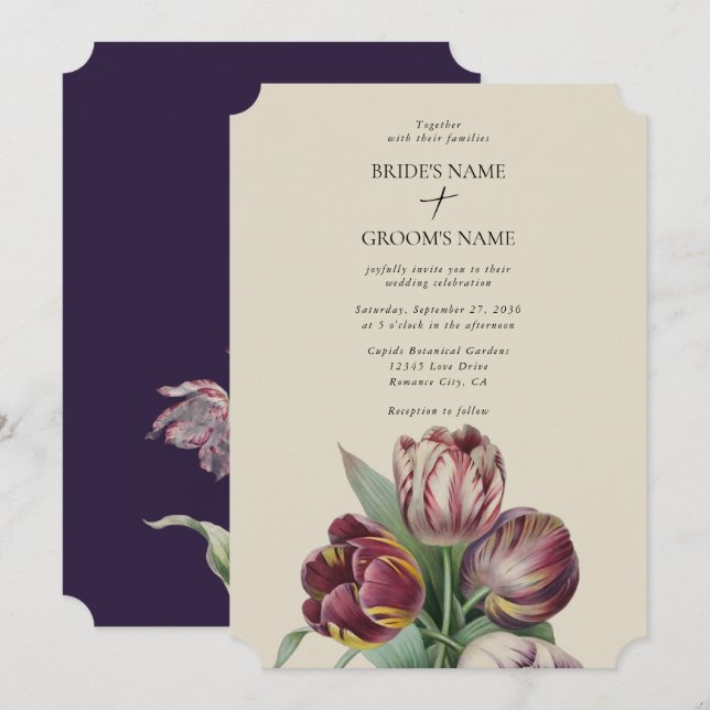 Moody Watercolor Lila Tulips Wedding Simple Einladung (Vorne/Hinten)
