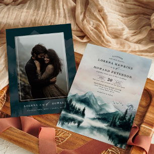 Moody Watercolor Mountains Pine Forest Wedge Einladung