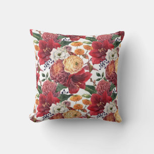 Moody Watercolor Red Amaryllis und Autumn Florals Kissen