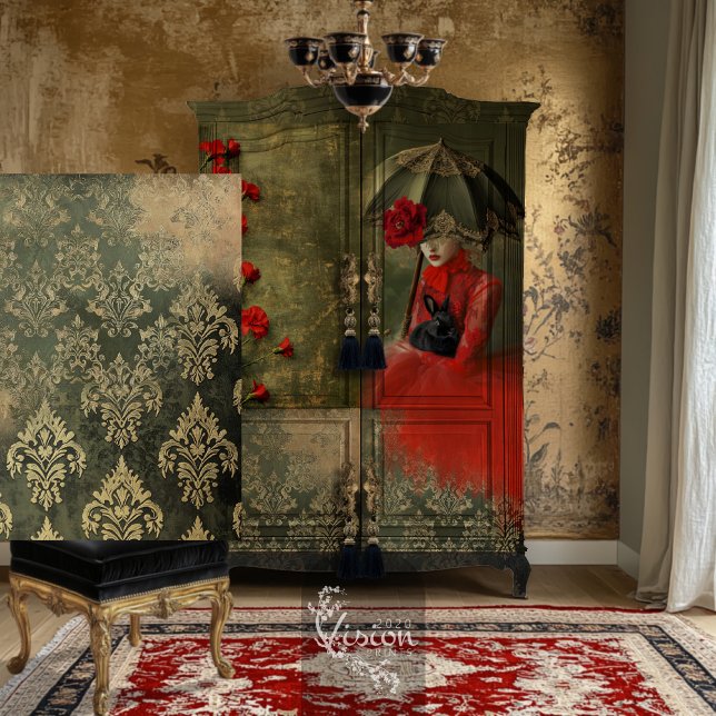 Moody Weathered Olive Forest Green Damask Muster Seidenpapier (Moody Green, Damask Overlay Weathered Repeat Patterns, Decoupage Tissue Paper)