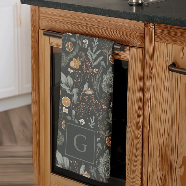 Moody Winter Botanic Monogram Weihnachtsfeiertag Geschirrtuch (Von Creator hochgeladen)