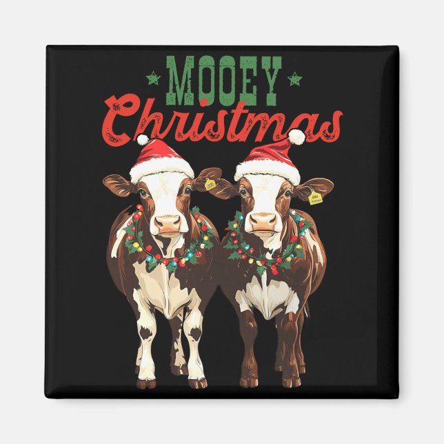 Mooey Christmas Cow With Santa Hats Xmas Lights Me Magnet (Vorne)