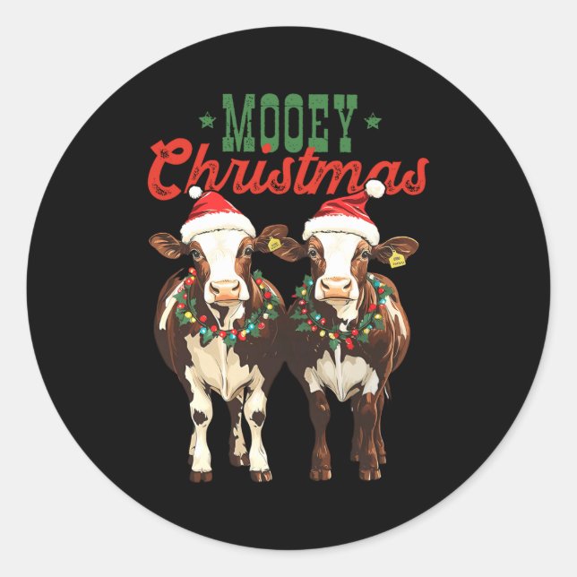 Mooey Christmas Cow With Santa Hats Xmas Lights Me Runder Aufkleber (Vorderseite)