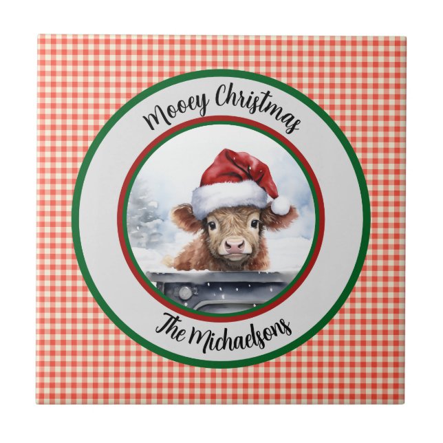 Mooey Christmas Funny Highland Cow Red Gingham  Fliese (Vorderseite)