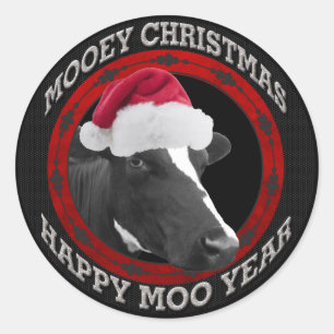 Mooey Christmas Happy Moo Year Weihnachtsmannmütze Runder Aufkleber