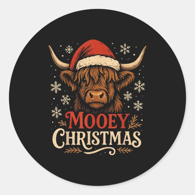 Mooey Christmas Highland Cow Funny Santa Hat Desig Runder Aufkleber (Vorderseite)