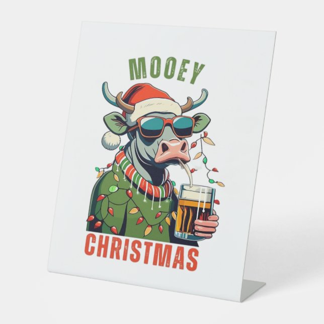 Mooey Christmas Highland Cow Light Weihnachtsmannm Sockelschild (Vorderseite)