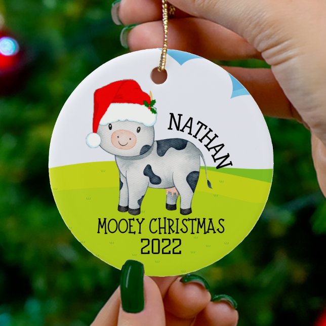 Mooey Christmas Kuh Weihnachtsschmuck für Kinder (mooey Christmas cow wearing santa claus hat Christmas ornament)