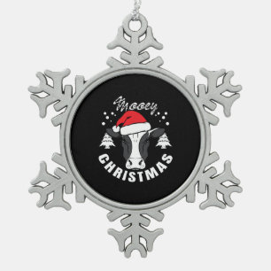 Mooey Christmas - Kuhkopf mit Weihnachtsmannmütze  Schneeflocken Zinn-Ornament