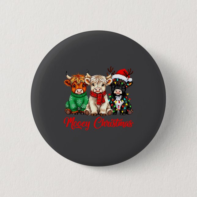 Mooey Christmas Lights Santa Hat Xmas Highland Cow Button (Vorderseite)