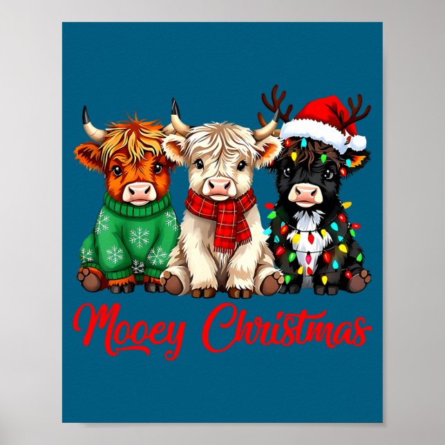 Mooey Christmas Lights Santa Hat Xmas Highland Cow Poster (Vorne)