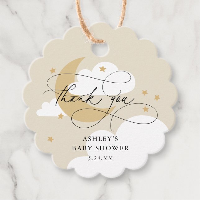 Moon and Stars Beige Script Baby Dusche Vielen Dan Geschenkanhänger (Vorderseite)