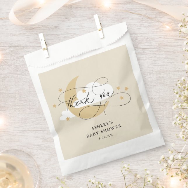 Moon and Stars Beige Script Baby Dusche Vielen Dan Geschenktütchen (Ausgeschnitten)