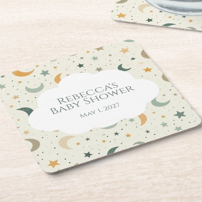 Moon and Stars Boho Baby Adoption Dusche Rechteckiger Pappuntersetzer (Boho moon and stars personalized baby shower drink coasters)