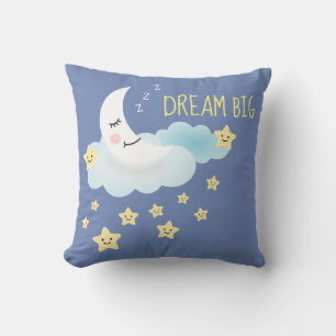 Moon and Stars Dream Big Illustration Blue Kissen