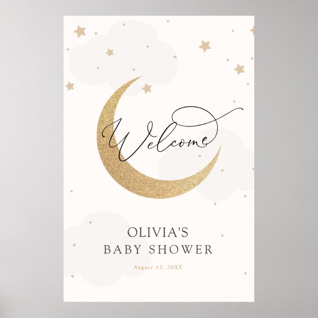 Moon and Stars Gray Baby Dusche Begrüßungszeichen Poster (Vorne)