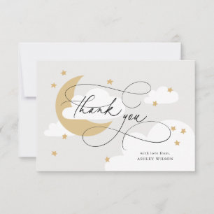 Moon and Stars Gray Gold Script Baby Dusche Dankeskarte