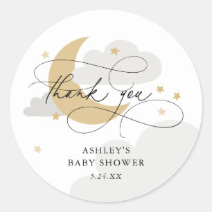 Moon and Stars Gray Script Baby Dusche Vielen Dank Runder Aufkleber