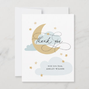 Moon and Stars Matte Blue Script Baby Dusche Dankeskarte