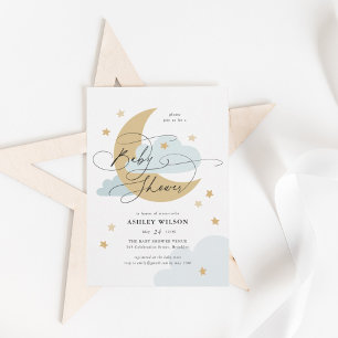 Moon and Stars Matte Blue Script Baby Dusche Einladung