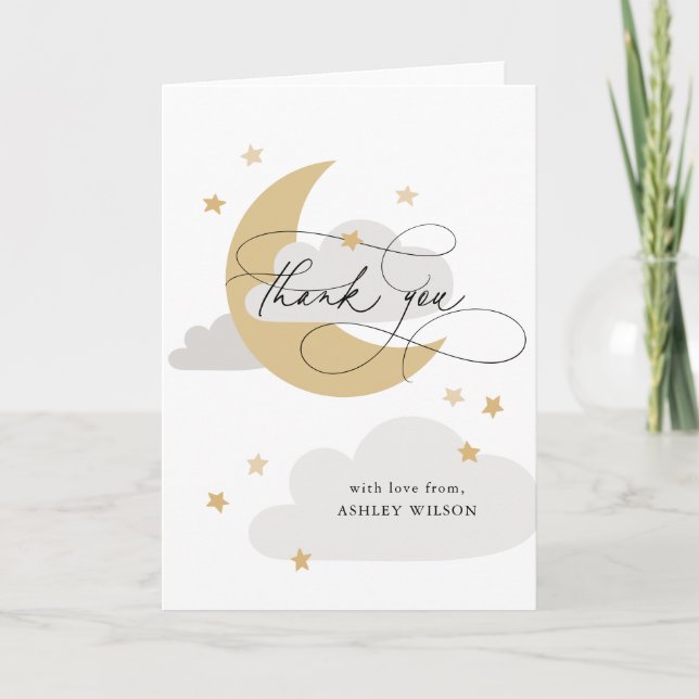 Moon and Stars Matte Grays Script Baby Shower als Dankeskarte (Vorderseite)