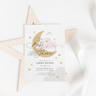 Moon and Stars Matte Pink Blue Script Baby Dusche Einladung