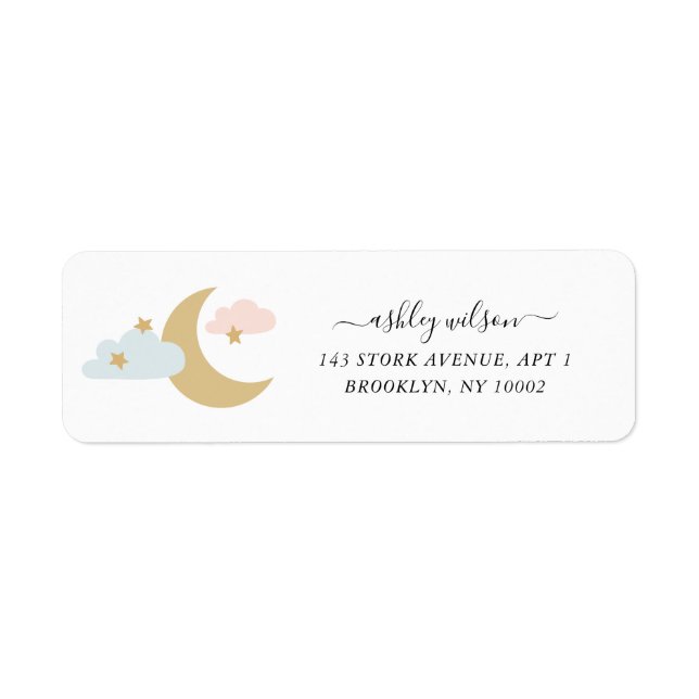 Moon and Stars Modern Script Gold Pink Blue Label (Vorne)
