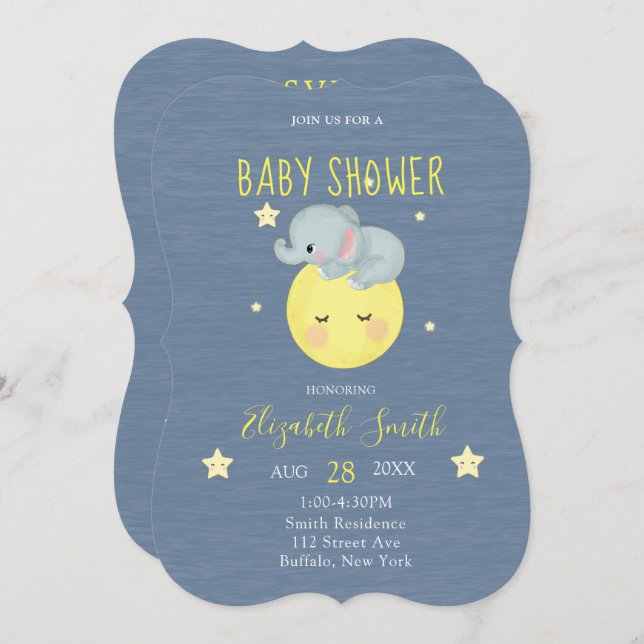 Moon and Stars Niedlich Elephant Blue Baby Boy Dus Einladung (Vorne/Hinten)