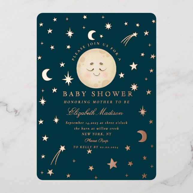 Moon and Stars Night Niedlich Baby Dusche Folieneinladung (Vorderseite)