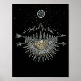 Moon and Stars Night Sky Mountain Range Mandala Poster