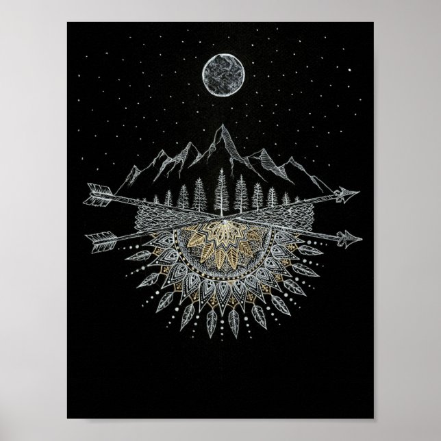 Moon and Stars Night Sky Mountain Range Mandala Poster (Vorne)