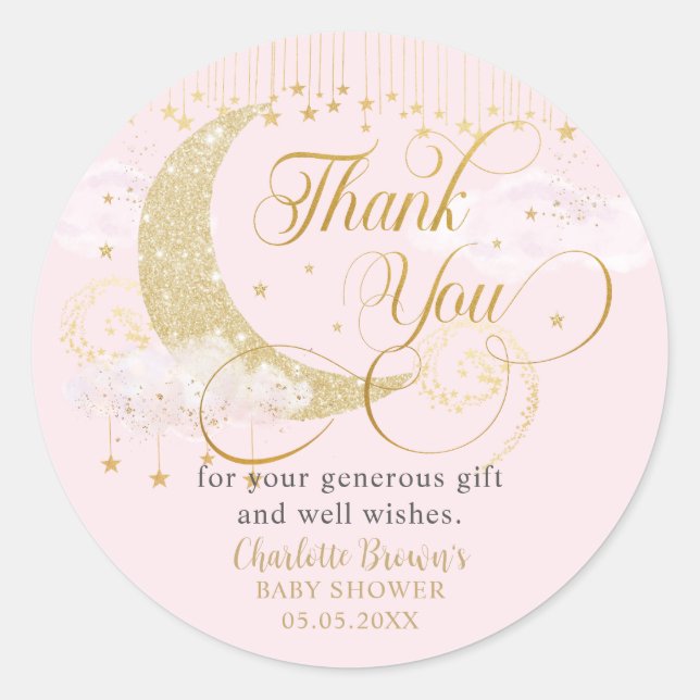 Moon and Stars Pastel Pink Baby Shower Thank You Runder Aufkleber (Vorderseite)