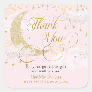Moon and Stars Pastel Pink Babydusche Danke Quadratischer Aufkleber