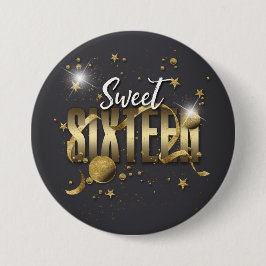 Moon and Stars Sweet 16 Gold/Blk ID788 Button